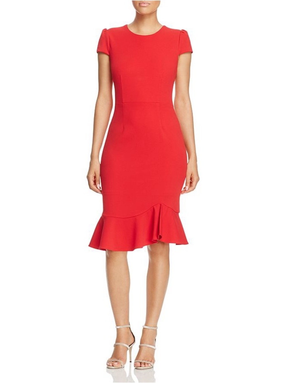 Betsey Johnson RED Scuba Crepe Ruffle Hem Midi Sheath Bodycon Dress Size 6